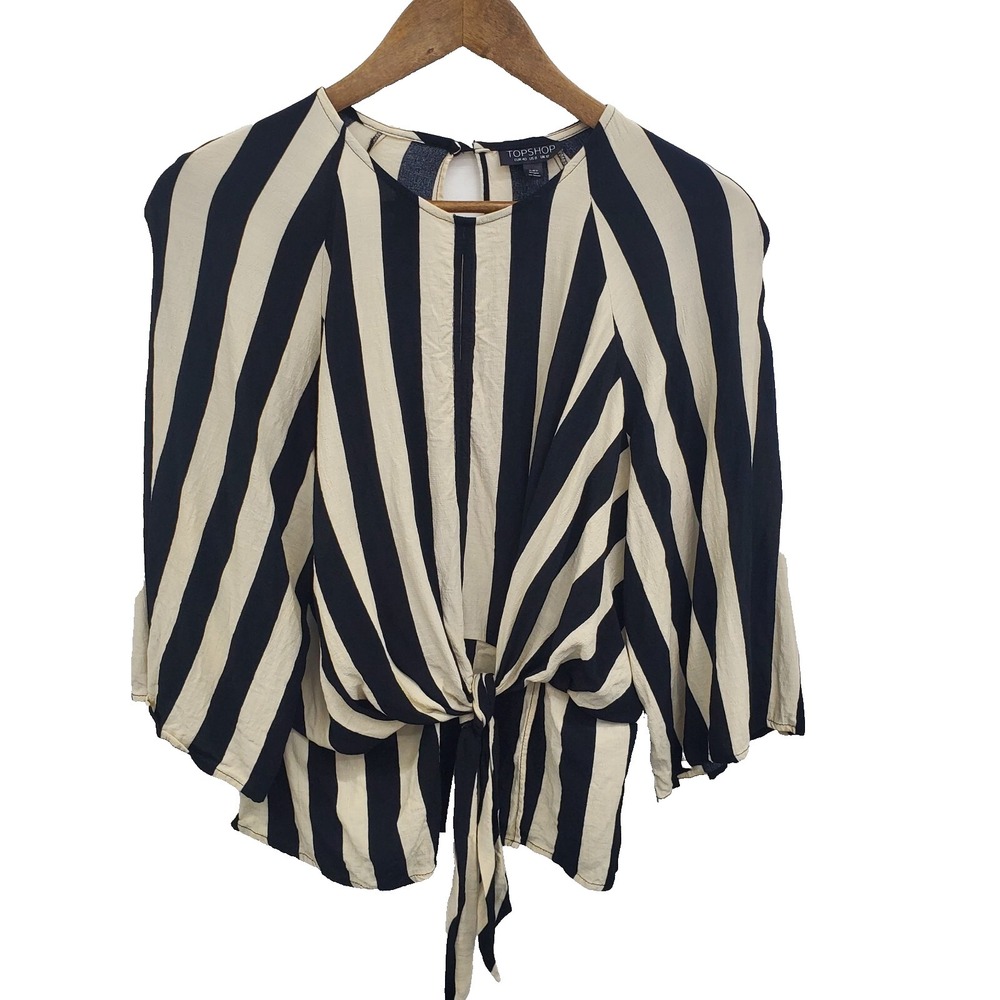 Topshop Black Ivory Striped Tie Front Blouse‎ Womens 8 Boho Modern Statement Top